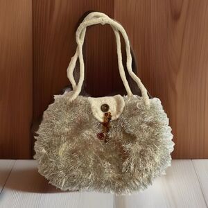 Handmade Felted Cream Wool Purse Bag Oatmeal Color Bronze Fluffy Boho Accent